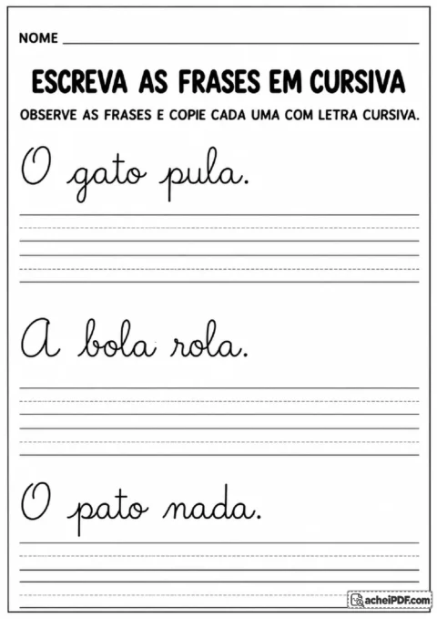 Frases curtas em letra cursiva para observar e copiar em pautas ampliadas.