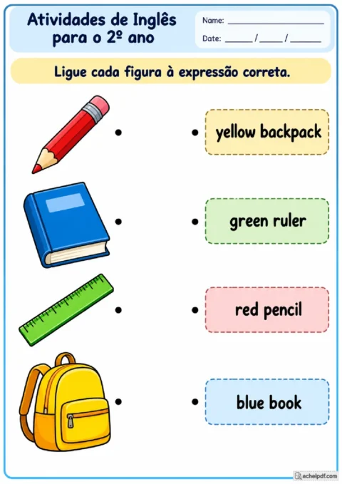 Atividade de cores e objetos escolares em inglês com associação entre figuras e expressões