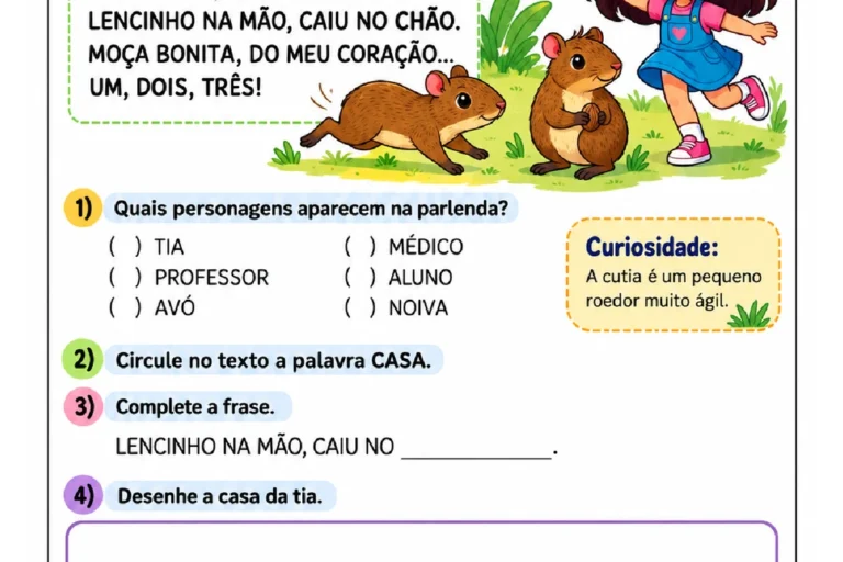 Atividade Corre Cutia para marcar personagens, circular a palavra CASA, completar um verso e desenhar a casa da tia.