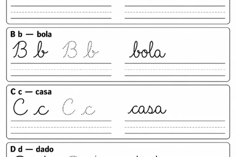 Caligrafia cursiva das letras A a D com modelos pontilhados e cópia de abelha, bola, casa, dado e frase.