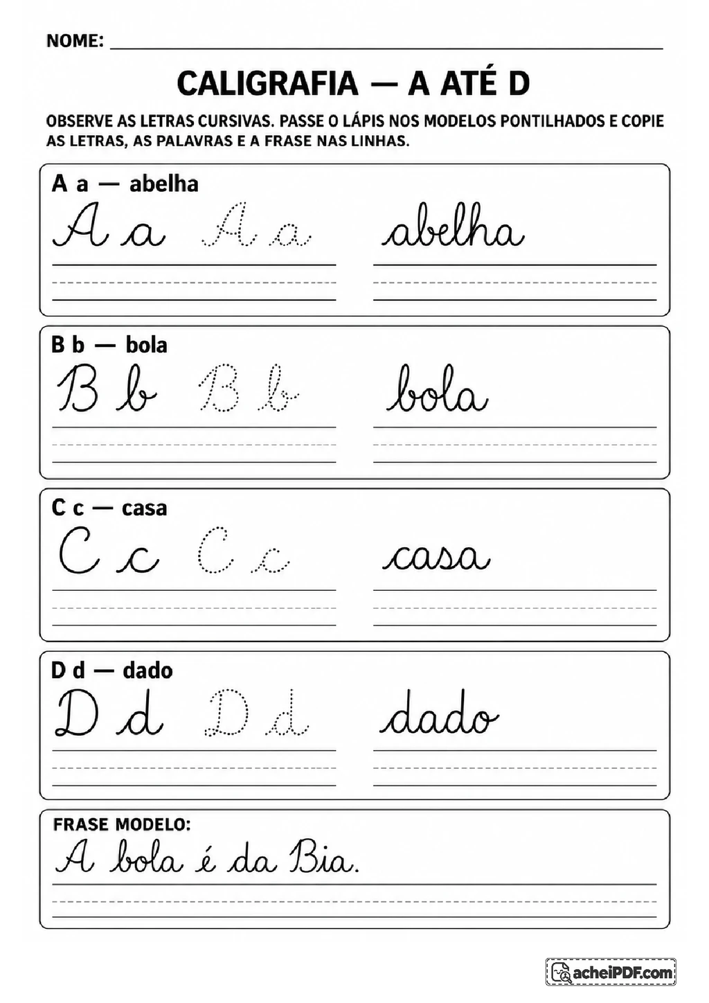 Caligrafia Cursiva do Alfabeto em PDF para Imprimir