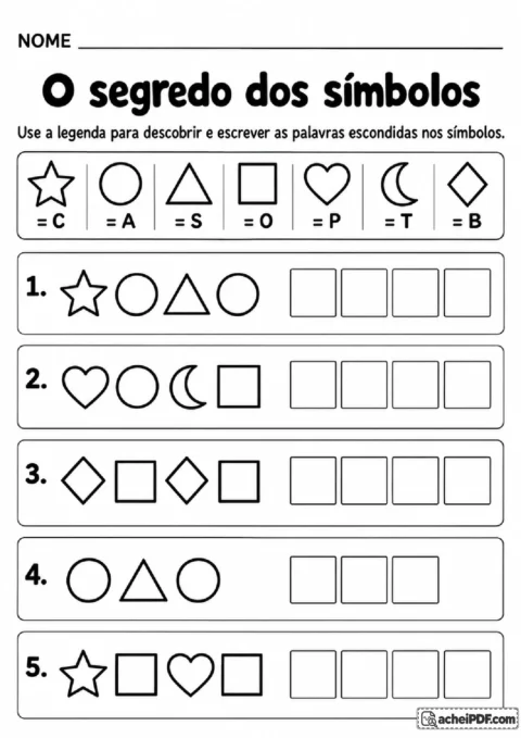 Código de símbolos com estrela, círculo e outras figuras para decifrar e escrever palavras usando uma legenda.