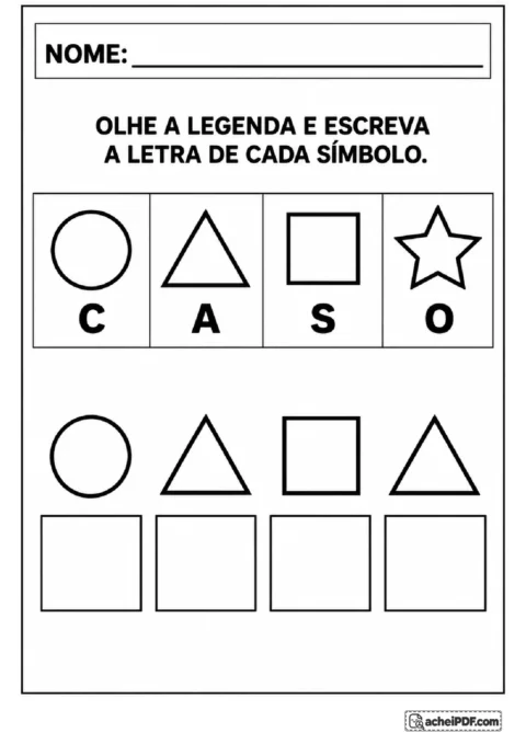 Código visual com círculo, triângulo, quadrado e estrela para escrever letras e formar a palavra CASA.