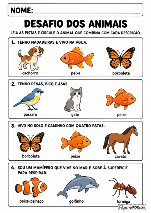 Desafio ilustrado para circular animais conforme pistas sobre nadadeiras, penas, patas e respiração
