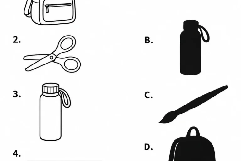 Atividade de ligar objetos escolares às sombras correspondentes, com mochila, tesoura, garrafa, régua e pincel.