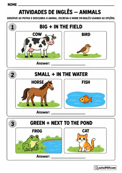 Cartões com pistas de tamanho, cor e ambiente para descobrir nomes de animais em inglês
