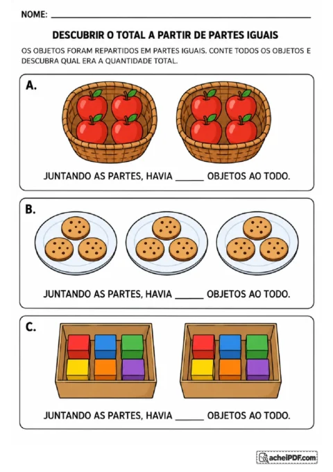 Cestas com maçãs, pratos com biscoitos e caixas com cubos para descobrir o total dos grupos