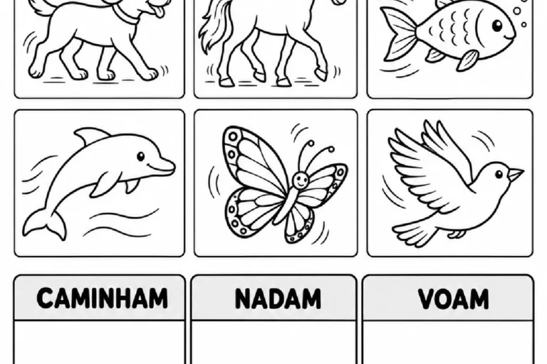 Atividade para desenhar seis animais nos grupos caminham, nadam e voam conforme sua locomoção