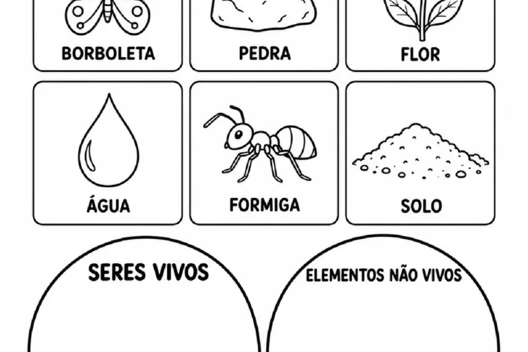 Borboleta, flor, formiga, pedra, água e solo para desenhar em conjuntos de seres vivos e elementos não vivos