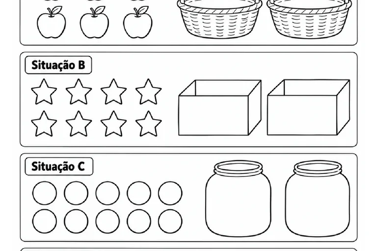 Maçãs, estrelas, bolinhas e lápis para desenhar repartições iguais entre dois recipientes
