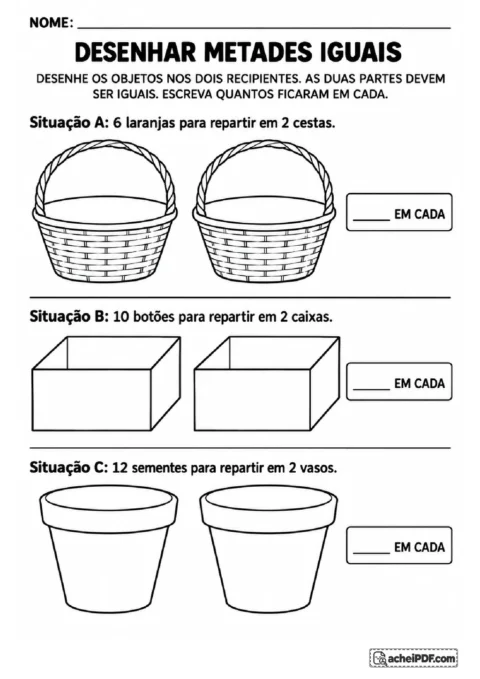 Cestas, caixas e vasos vazios para desenhar laranjas, botões e sementes em duas partes iguais