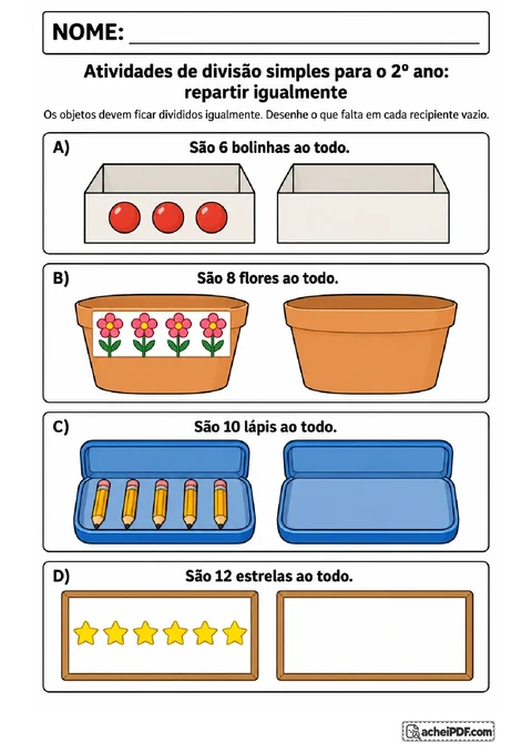 Caixas, vasos e estojos com figuras para completar desenhando a mesma quantidade em cada lado