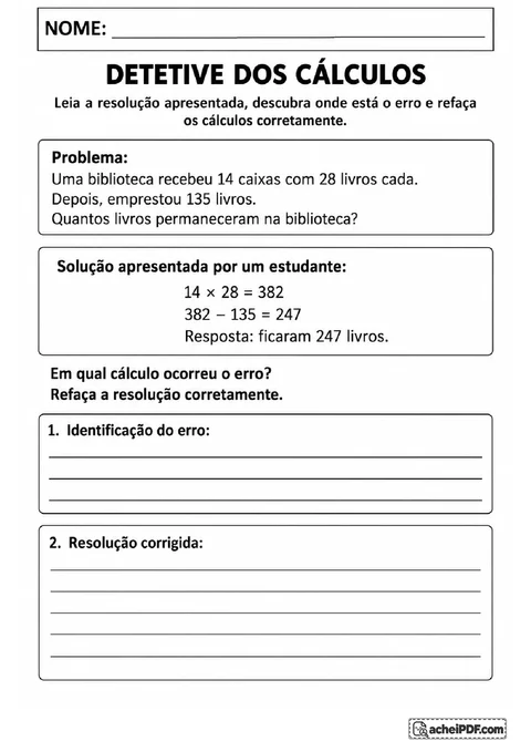 Desafio detetive dos cálculos com multiplicação incorreta para identificar e corrigir