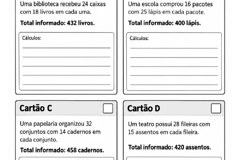 Detetive da multiplicação com quatro problemas para calcular e identificar a solução incorreta