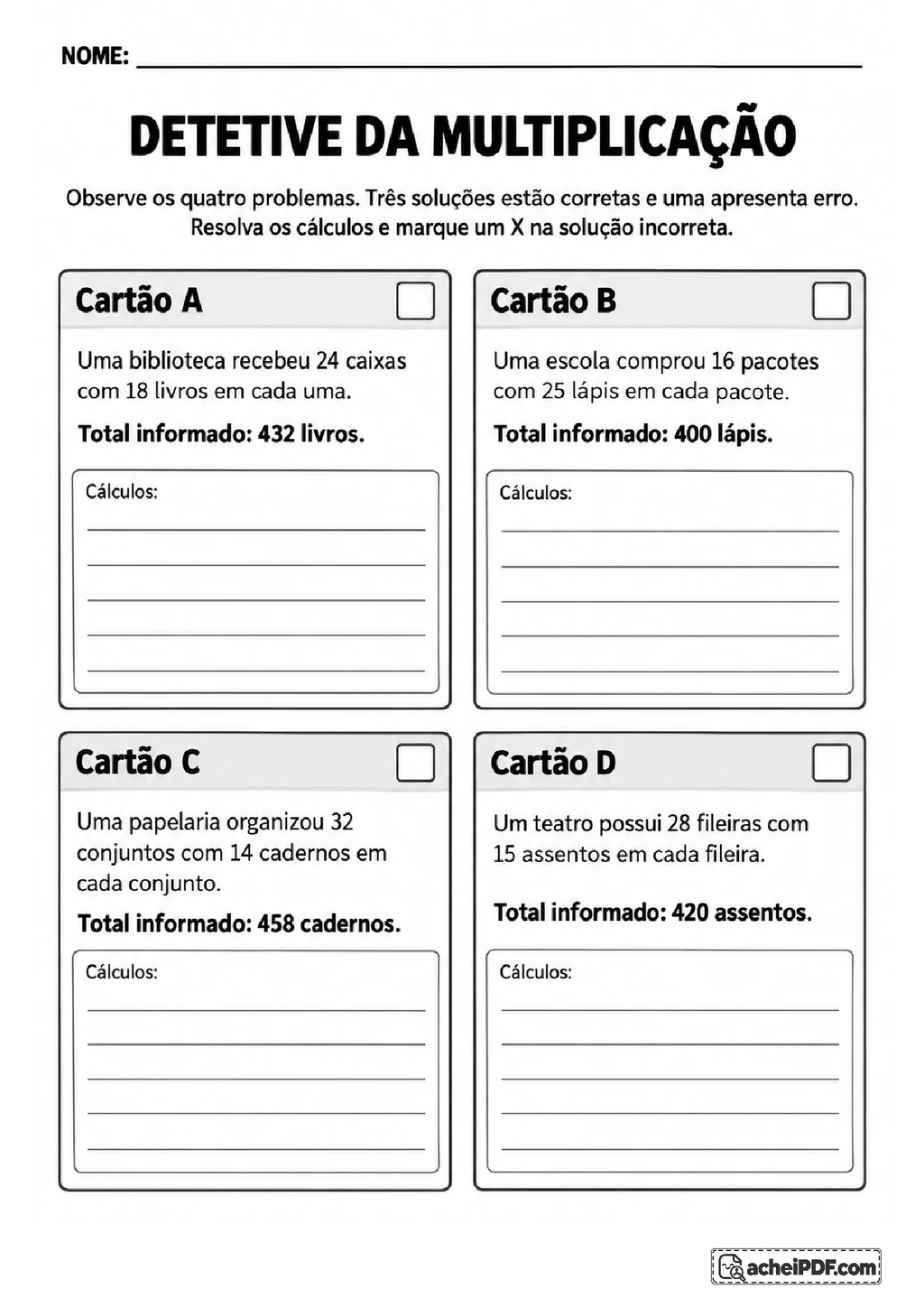 Problemas de Multiplicação para o 5º ano em PDF