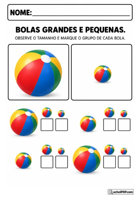 Quatro bolas grandes e pequenas para classificar por tamanho, marcando as caixas com os modelos correspondentes