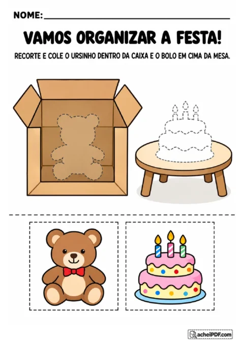 Caixa e mesa com contornos para colar cartões recortáveis de ursinho e bolo de brinquedo nas posições indicadas