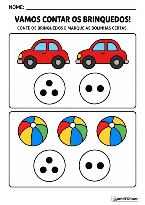 Dois carrinhos e três bolas em quadros separados para contar e marcar a quantidade por meio de pontos