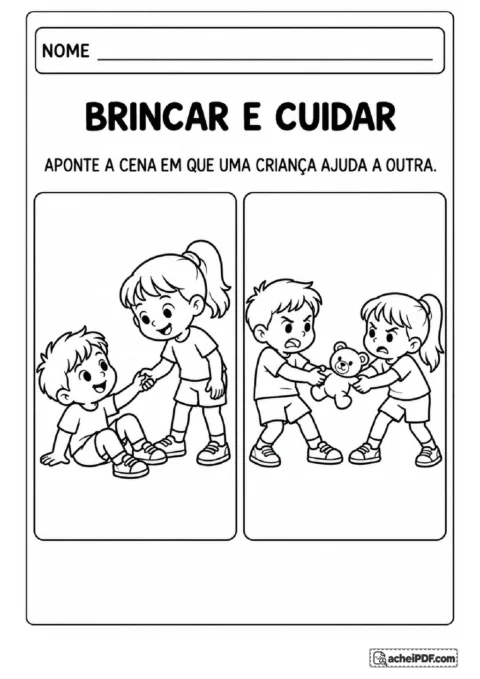 Duas cenas de crianças brincando para apontar aquela em que uma oferece ajuda à outra após uma queda