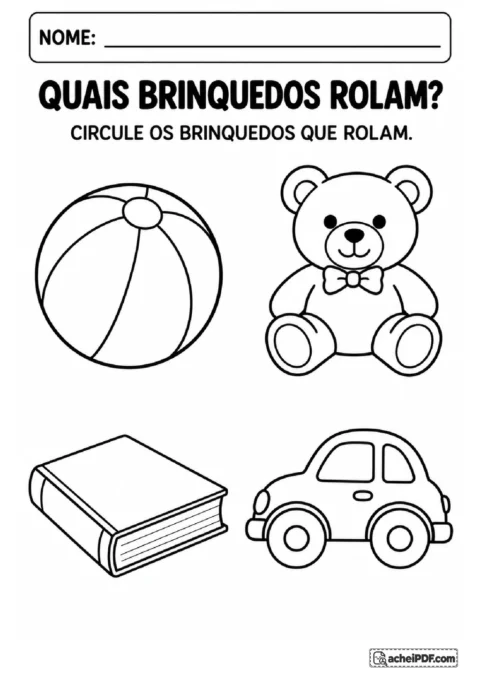 Bola, ursinho de pelúcia, livro e carrinho com rodas para observar e circular os brinquedos que rolam