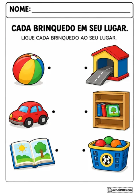 Bola, carrinho e livro para ligar aos respectivos lugares entre cesta de bolas, garagem e estante