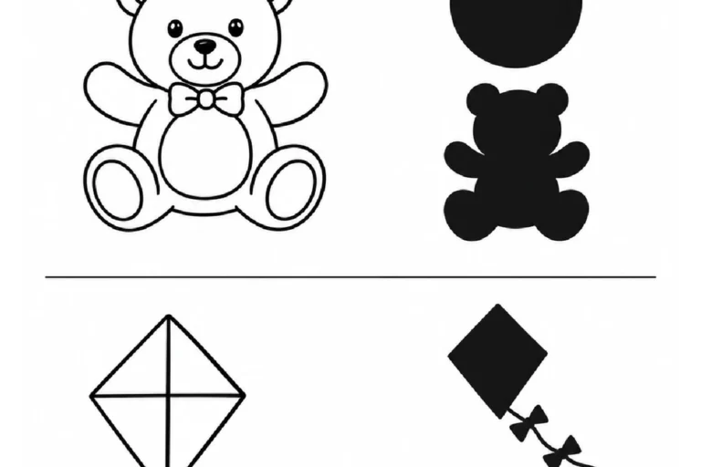 Ursinho e pipa com alternativas de silhuetas para circular a sombra correspondente a cada brinquedo