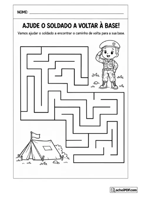 Atividade do labirinto_dia do soldado: A criança deve observar o soldado ilustrado próximo à parte superior direita do labirinto, para o Pré II.
