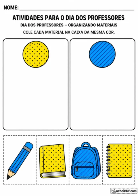 Caixas amarela e azul com cartões de lápis, livro, mochila e caderno para classificação por cor