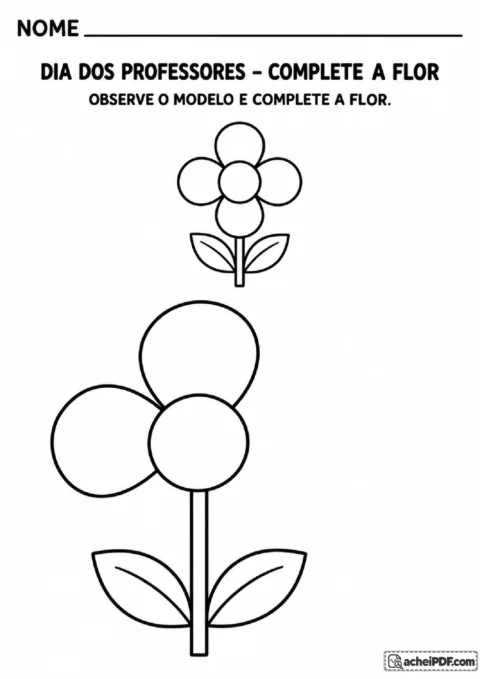 Modelo de flor com quatro pétalas e desenho ampliado para completar as duas pétalas ausentes