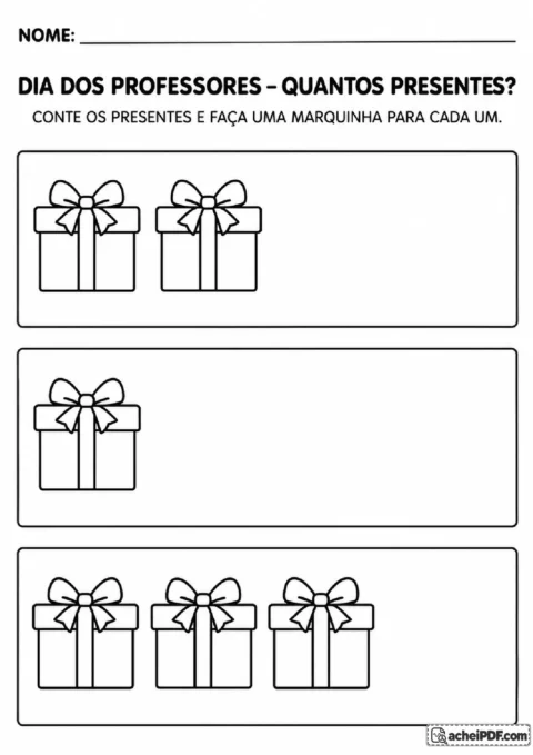 Três grupos com pequenas quantidades de presentes e espaços para registrar uma marca por objeto