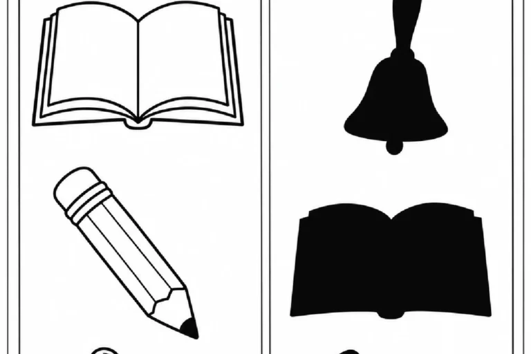 Livro aberto, lápis e sino escolar para ligar às respectivas sombras em atividade do Dia dos Professores