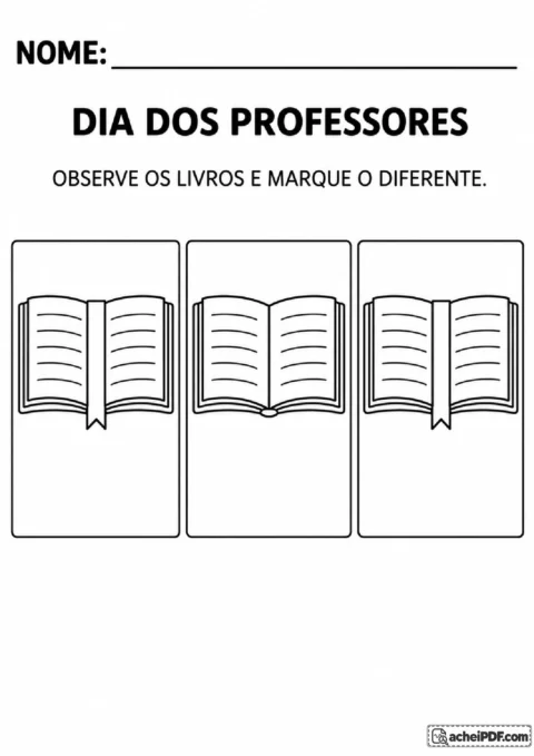 Três livros abertos para observar e marcar o desenho diferente, identificando a ausência do marcador de página