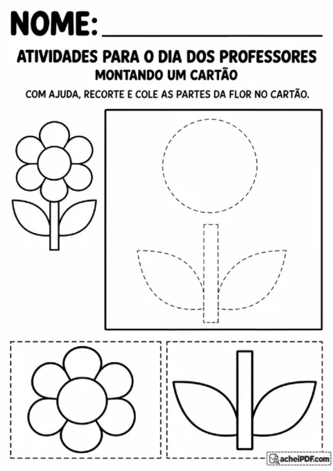 Cartão com espaços para montar uma flor usando peças recortáveis de pétalas, caule e folhas