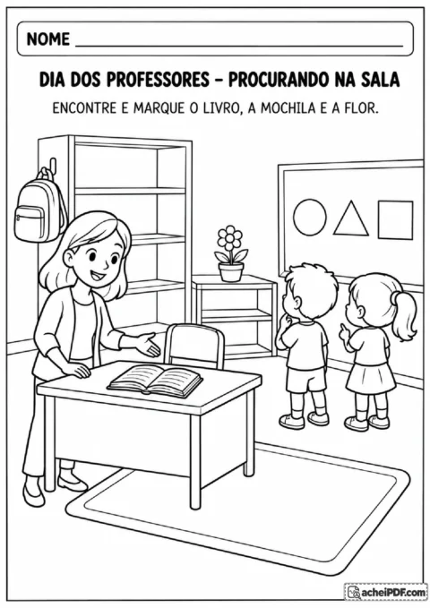 Cena de sala de aula com professor e crianças para localizar e marcar livro, mochila e flor
