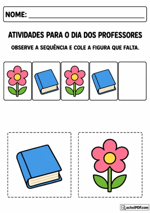 Sequência alternada de flor e livro com espaço vazio e cartões recortáveis para completar por colagem