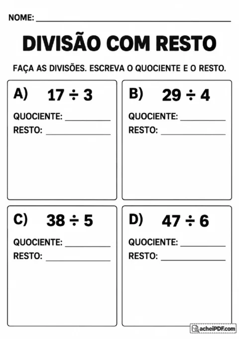 Atividade de divisão com resto para preencher separadamente quociente e resto em quatro operações