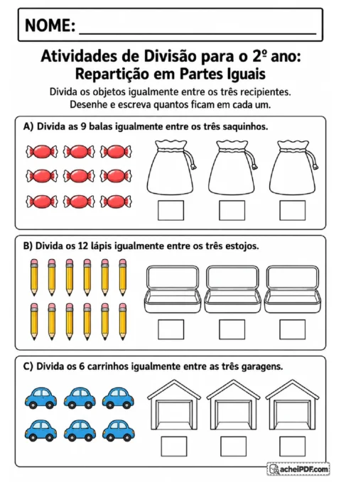 Balas, lápis e carrinhos para distribuir igualmente entre três saquinhos, estojos e garagens