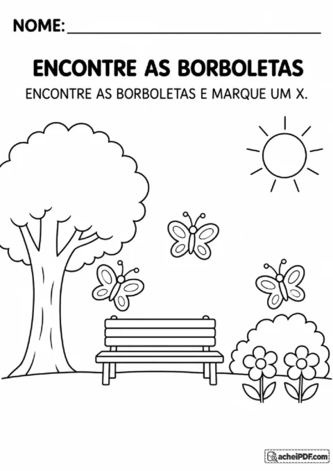 Cena de parque com árvore, banco, flores e três borboletas para localizar e marcar com X