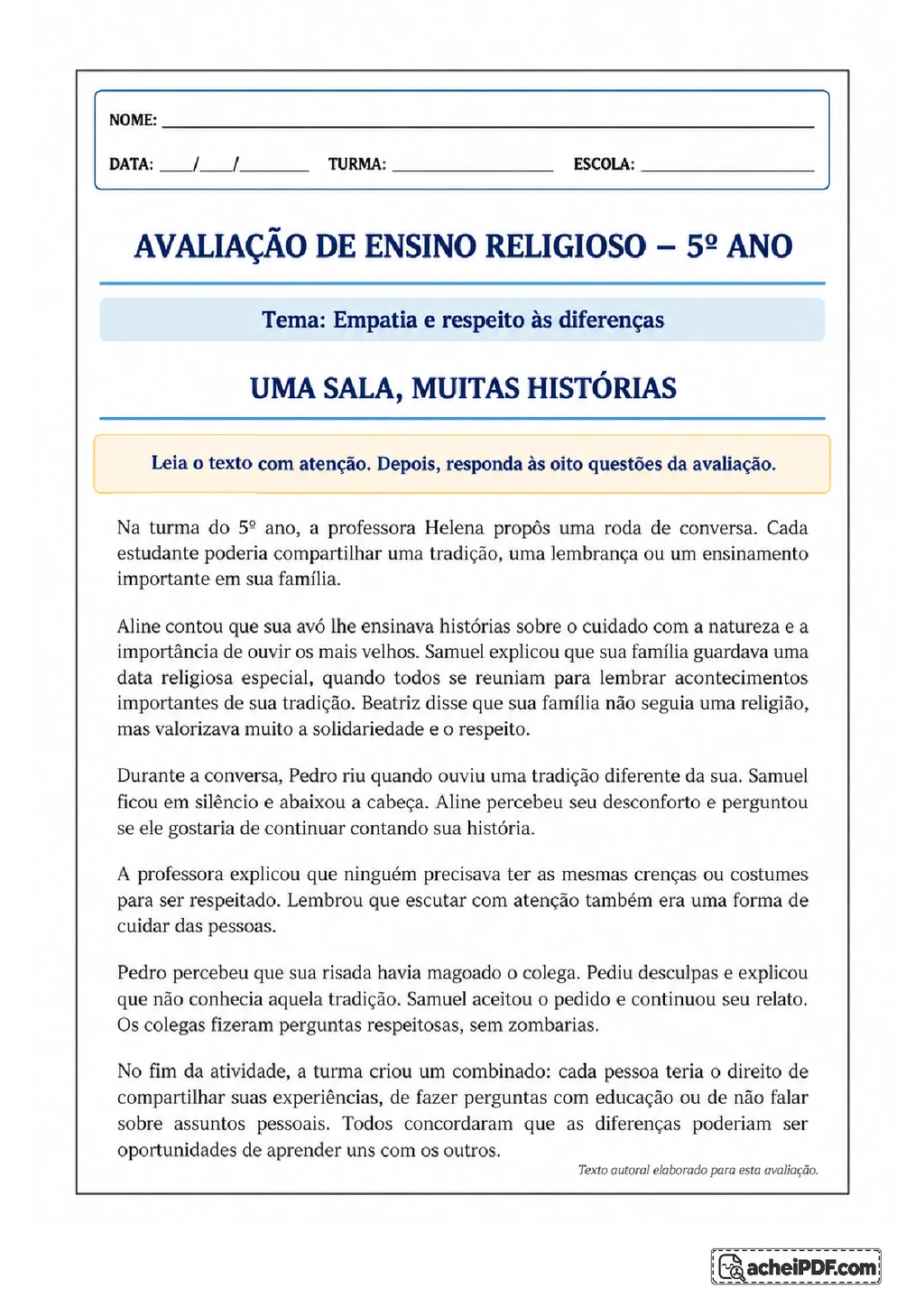 Avaliação de Ensino Religioso para o 5º ano em PDF