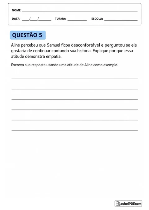 Questão discursiva para explicar a atitude empática de Aline ao acolher o colega Samuel
