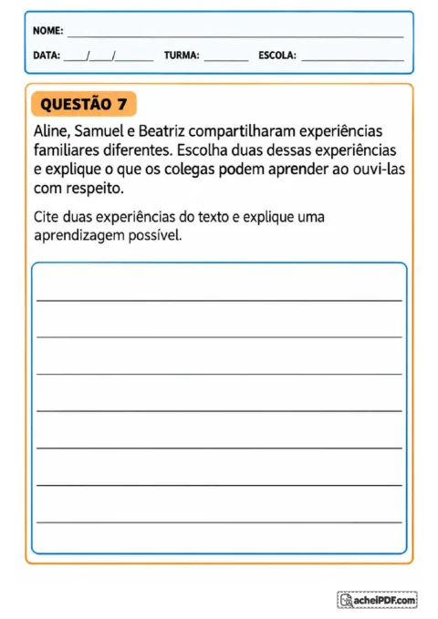 Questão discursiva para comparar experiências familiares e explicar aprendizagens sobre diferenças