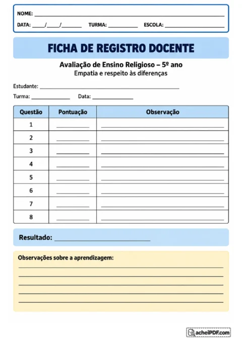 Ficha docente de Ensino Religioso com registro de pontuação e observações da avaliação para o 5º ano