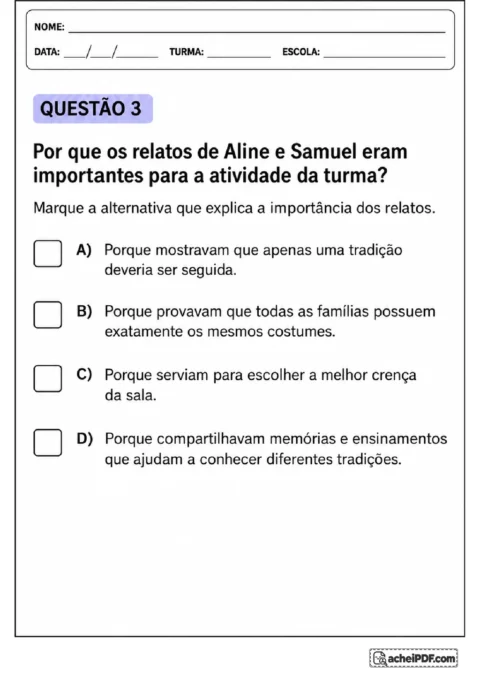 Questão de interpretação sobre a importância das memórias e tradições compartilhadas pelas famílias