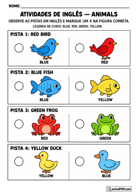 Pares de pássaros, peixes, sapos e patos para escolher os animais pelas cores em inglês