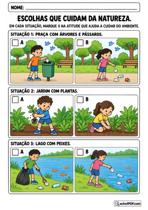 Cenas de praça, jardim e lago para marcar atitudes de cuidado com plantas, animais e espaços naturais