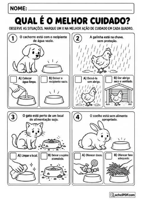 Situações ilustradas para escolher cuidados com água do cachorro, abrigo da galinha, higiene do gato e feno do coelho