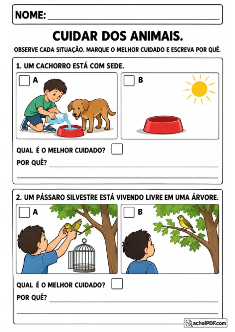 Cenas para escolher cuidados com cachorro sedento e pássaro silvestre e justificar cada escolha