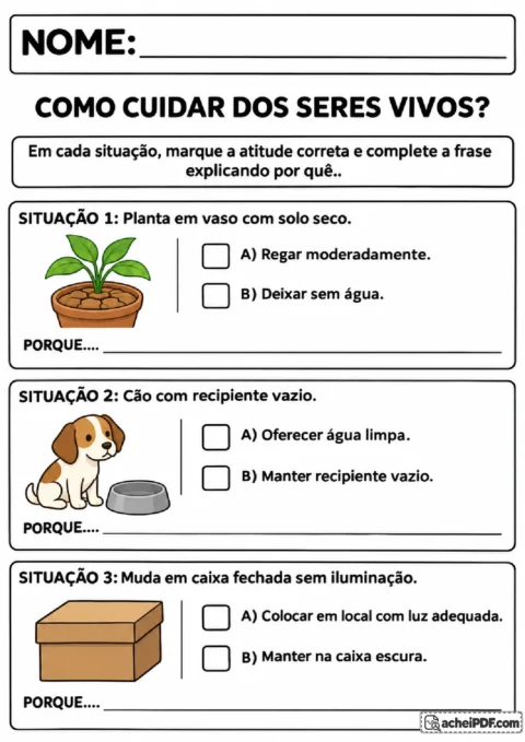 Situações com planta, cão e muda sem luz para escolher atitudes adequadas e escrever justificativas