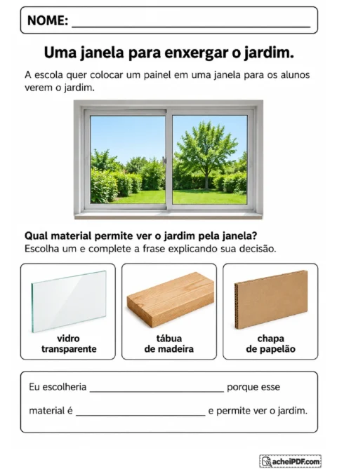 Situação de escolha entre vidro, madeira e papelão para uma janela com vista para o jardim