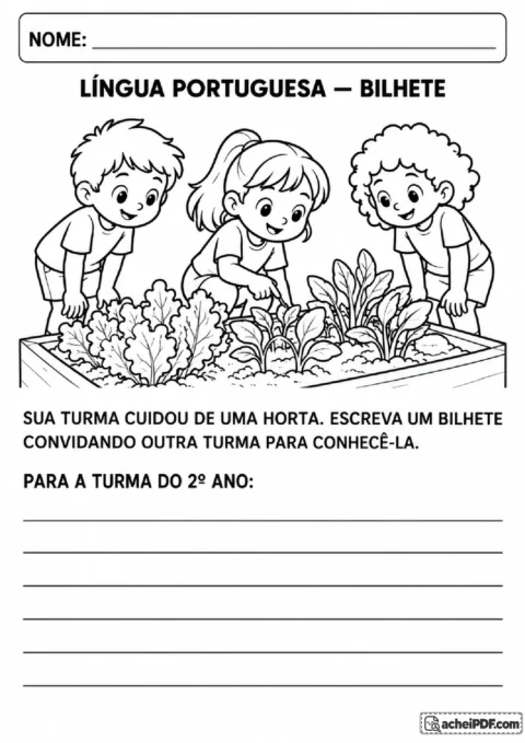 Proposta de escrita de bilhete para convidar outra turma a visitar uma horta escolar ilustrada